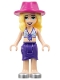 Minifig No: frnd511  Name: Friends Stephanie - Medium Blue Swimsuit Top, Dark Purple Skirt, Silver Shoes, Magenta Hat