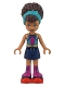 Minifig No: frnd530  Name: Friends Andrea - Dark Turquoise Halter Top, Dark Blue Skirt with Magenta Boots, Dark Turquoise Head Wrap, Red Roller Skates