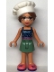 Minifig No: frnd539  Name: Friends Olivia (Nougat) - Sand Green Skirt, Dark Blue Top with Metallic Pink Belt, White Chef Toque with Hair
