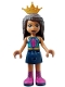 Minifig No: frnd564  Name: Friends Andrea - Dark Turquoise Halter Top with Magenta Stripes and Dots, Dark Blue Skirt with Magenta Boots, Pearl Gold Crown Tiara