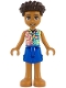 Lego part: Friends Aron - Yellowish Green and Bright Light Yellow Shirt with Dark Azure Flowers and Dark Pink Wavy Lines, Blue Shorts, Bare Feet