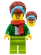 Lego part: Woman - Green Jacket, Lime Legs, Medium Azure Head Wrap, Dark Red Hair, Red Scarf