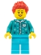 Minifig No: fst036  Name: Woman - Dark Turquoise Snowflake Blouse, Medium Azure Legs, Red Spiked Hair