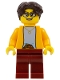 Lego part: Woman - Bright Light Orange Jacket over Light Bluish Gray Shirt, Dark Red Legs, Dark Brown Short Wavy Hair, Glasses