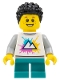 Minifig No: fst045  Name: Child - Boy, White Shirt with Mountains Logo, Dark Turquoise Short Legs, Black Short Coiled Hair, Freckles