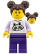 Minifig No: fst052  Name: Woman - Dark Brown Buns, Raccoon Shirt, Dark Purple Legs