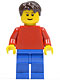 Minifig No: game008  Name: Plain Red Torso with Red Arms, Blue Legs, Dark Brown Short Tousled Hair