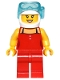 Minifig No: game010  Name: Red Female Top with 2 White Buttons and Black Straps, Red Legs, White Helmet, Scuba Mask, Peach Lips, Open Mouth Smile
