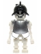 Minifig No: gen021a  Name: Skeleton, Fantasy Era Torso with Evil Skull, Black Conquistador Helmet, Metallic Silver Armor