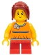 Minifig No: gen077  Name: Girl, Red Short Legs, Hair Ponytail Long with Side Bangs