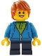 Minifig No: gen108  Name: Boy, Dark Azure Hoodie with Green Striped Shirt, Dark Blue Short Legs, Freckles, Dark Orange Hair