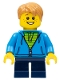 Minifig No: gen112  Name: Boy, Dark Azure Hoodie with Green Striped Shirt, Dark Blue Short Legs, Freckles, Medium Nougat Hair