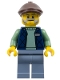 Lego part: Corner Kiosk Vendor - Male, Dark Blue Bodywarmer over Sand Green Sweater, Sand Blue Legs, Dark Brown Flat Cap