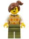 Minifig No: gen191  Name: Corner Kiosk Customer - Female, Tan Knit Argyle Sweater Vest, Olive Green Legs, Reddish Brown Side Ponytail