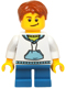 Minifig No: hol037  Name: White Hoodie with Blue Pockets, Blue Short Legs, Dark Orange Hair, Crooked Smile with Black Dimple
