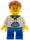 Minifig No: hol037a  Name: White Hoodie with Blue Pockets, Blue Short Legs, Dark Orange Hair, Crooked Smile with Brown Dimple