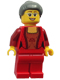 Minifig No: hol072  Name: Female Corset with Gold Panel Front and Lace Up Back Pattern, Red Legs, Dark Bluish Gray Hair with Top Knot Bun (Thanksgiving Mom)