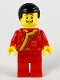 Minifig No: hol186  Name: Toy Vendor, Black Hair, Red Changshan with Bright Light Orange Wide Hem, Gold Circles Pattern