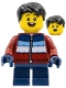 Minifig No: hol278  Name: Child - Boy, Dark Red Puffy Coat, Dark Blue Short Legs, Black Hair