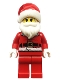 Minifig No: hol285  Name: Santa - Red Fur Lined Jacket with Button and Candy Cane on Back, Red Legs, Gray and White Bushy Eyebrows, Thick Moustache (Time to Play Book)