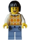 Minifig No: hol329  Name: Tourist - Female, Tan Knit Argyle Sweater Vest, Sand Blue Legs with Pockets, Black Bob Cut Hair, Freckles