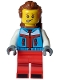 Minifig No: hol330  Name: Tourist - Male, Dark Azure Jacket, Red Legs with Dark Red Stripes on Knees, Reddish Brown Swept Back Hair, Freckles, Backpack