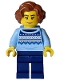 Minifig No: hol350  Name: Woman - Bright Light Blue Knit Fair Isle Sweater, Dark Blue Legs, Reddish Brown Hair