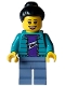 Minifig No: hol353  Name: Woman - Dark Turquoise Jacket over Dark Purple Shirt, Sand Blue Legs, Black Hair Top Knot Bun