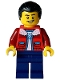 Minifig No: hol354  Name: Man - Red Jacket with White Fleece Collar, Dark Blue Legs, Black Hair Ponytail