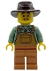 Minifig No: hol375  Name: Farmer - Male, Medium Nougat Overalls over Sand Green Shirt, Medium Nougat Legs, Dark Brown Fedora, Sweat