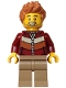 Minifig No: hol378  Name: Holiday Express Train Passenger - Male, Dark Red Jacket, Dark Tan Legs, Medium Nougat Hair