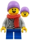 Minifig No: hol388  Name: Boy - Medium Lavender Beanie, Red Scarf, Light Bluish Gray Cardigan, Blue Short Legs