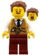 Minifig No: hol391  Name: Shopkeeper - Reddish Brown Hair, Moustache, Pearl Gold Vest, Dark Red Legs