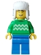 Minifig No: hol395  Name: Customer Hot Chocolate Stand - Male, Bright Green Sweater with Bright Light Yellow Zigzag Lines, Blue Legs, Dark Blue Ushanka Hat