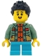 Minifig No: hol413  Name: Child - Boy, Sand Green Sweater over Reddish Orange Tang Jacket, Medium Azure Short Legs, Black Spiked Hair