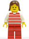 Minifig No: hor021  Name: Horizontal Lines Red - White Arms - Red Legs, Brown Female Hair