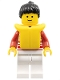 Minifig No: hor022  Name: Horizontal Lines Red - Red Arms - White Legs, Black Ponytail Hair, Life Jacket
