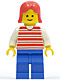 Minifig No: hor027  Name: Horizontal Lines Red - White Arms - Blue Legs, Red Female Hair