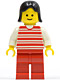Minifig No: hor029  Name: Horizontal Lines Red - White Arms - Red Legs, Black Female Hair