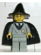 Minifig No: hp035  Name: Harry Potter, Hogwarts Torso, Light Gray Legs, Black Wizard / Witch Hat, Black Cape with Stars