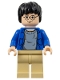 Minifig No: hp059  Name: Harry Potter - Blue Open Shirt Torso, Tan Legs, Light Nougat Hands & Head