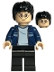 Minifig No: hp087  Name: Harry Potter, Dark Blue Open Jacket with Stripe, Black Legs