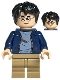 Minifig No: hp326  Name: Harry Potter - Dark Blue Open Jacket with Tears and Blood Stains, Plain Arms, Dark Tan Medium Legs, Smile / Angry Mouth