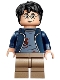 Minifig No: hp419  Name: Harry Potter - Dark Blue Open Jacket over Sand Blue Shirt with Dirt Stains, Printed Arms, Dark Tan Medium Legs