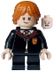 Minifig No: hp444  Name: Ron Weasley - Gryffindor Robe Clasped, Sweater, Shirt and Tie, Black Short Legs