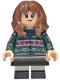 Minifig No: hp611  Name: Hermione Granger - Dark Green Sweater, Printed Arms, Black Skirt, and Short Legs with White Stripes