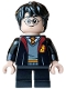 Minifig No: hp624  Name: Harry Potter - Gryffindor Robe Open, Black Short Legs, Grin / Reddish Brown Eyebrows
