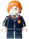 Minifig No: hp628  Name: Ron Weasley - Gryffindor Robe Clasped, Sweater, Shirt and Tie, Black Short Legs, Lopsided Grin / Scared Open Mouth, Cheek Lines