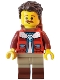 Minifig No: idea147  Name: Camper - Male, Dark Brown Hair, Red Jacket, Dark Tan Legs with Reddish Brown Boots, Backpack