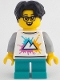 Minifig No: idea207  Name: Child - Boy, White Shirt with Mountains Logo, Dark Turquoise Short Legs, Black Hair Wavy, Glasses